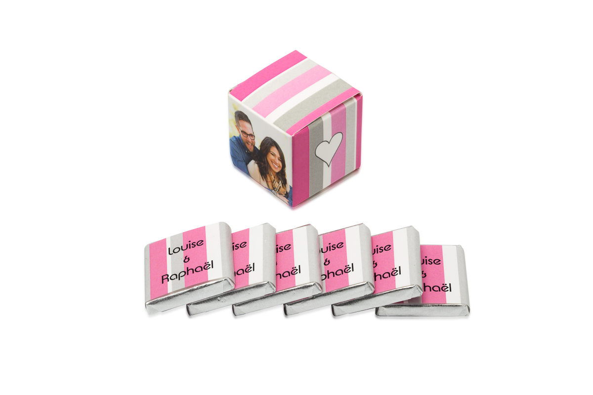 cube simple de 6 chocolats personnalisés bicolore bayadère
