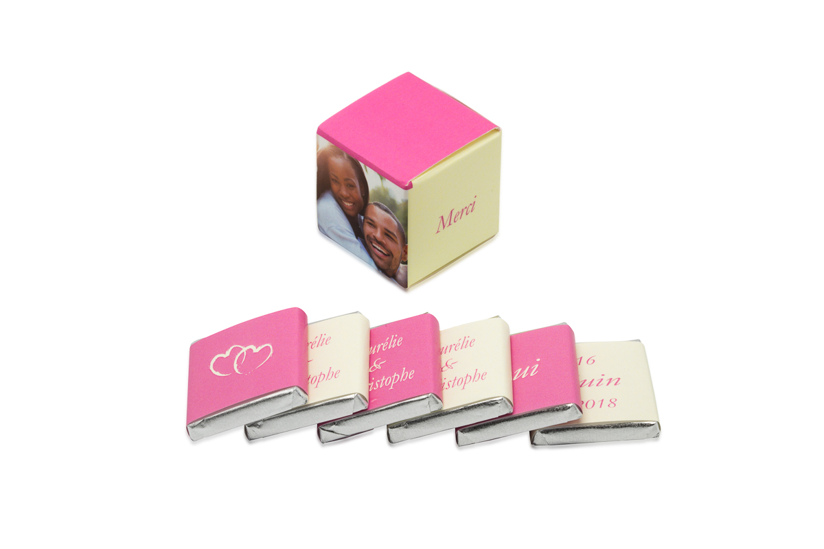 cube simple de 6 chocolats personnalisés bicolore damier