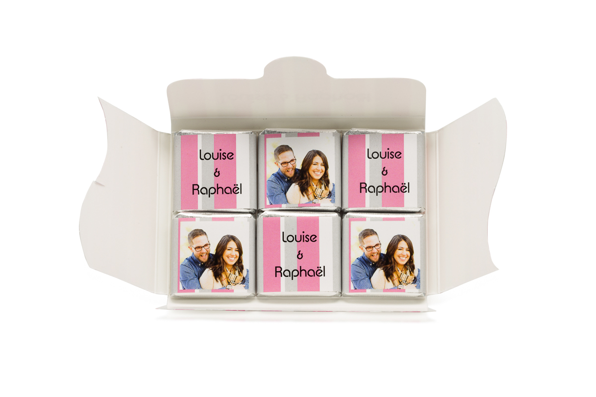 pochette personnalisée de 6 chocolats personnalisés bayadère