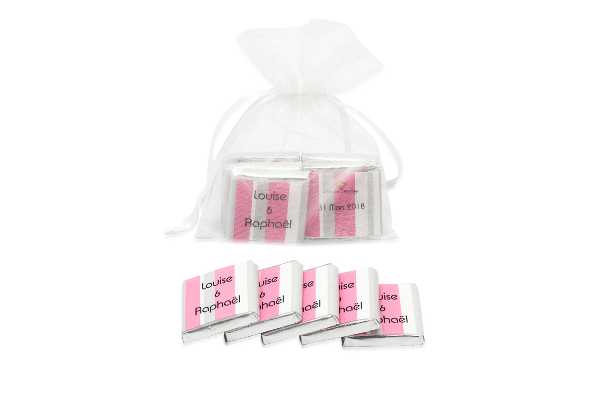 Sachet organza remplis de 5 chocolats personnalisés bicolore bayadère
