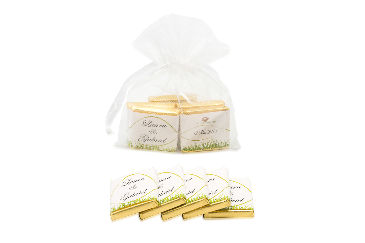 Sachet organza remplis de 5 chocolats personnalisés Thème champetre