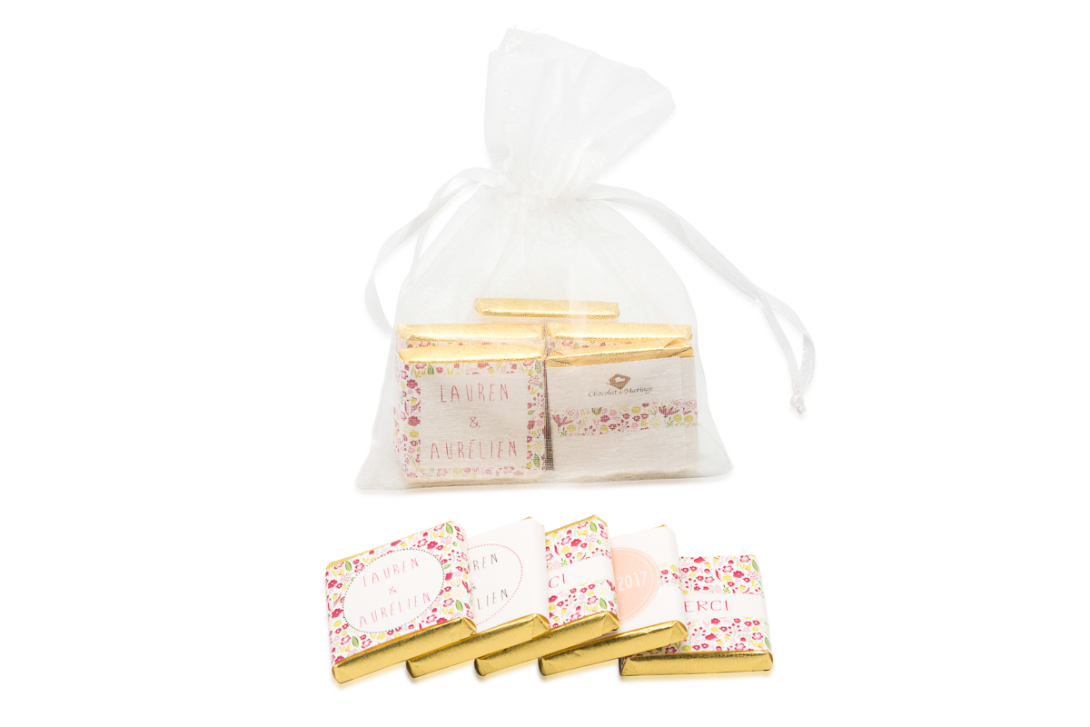 Sachet organza remplis de 5 chocolats personnalisés Thème liberty