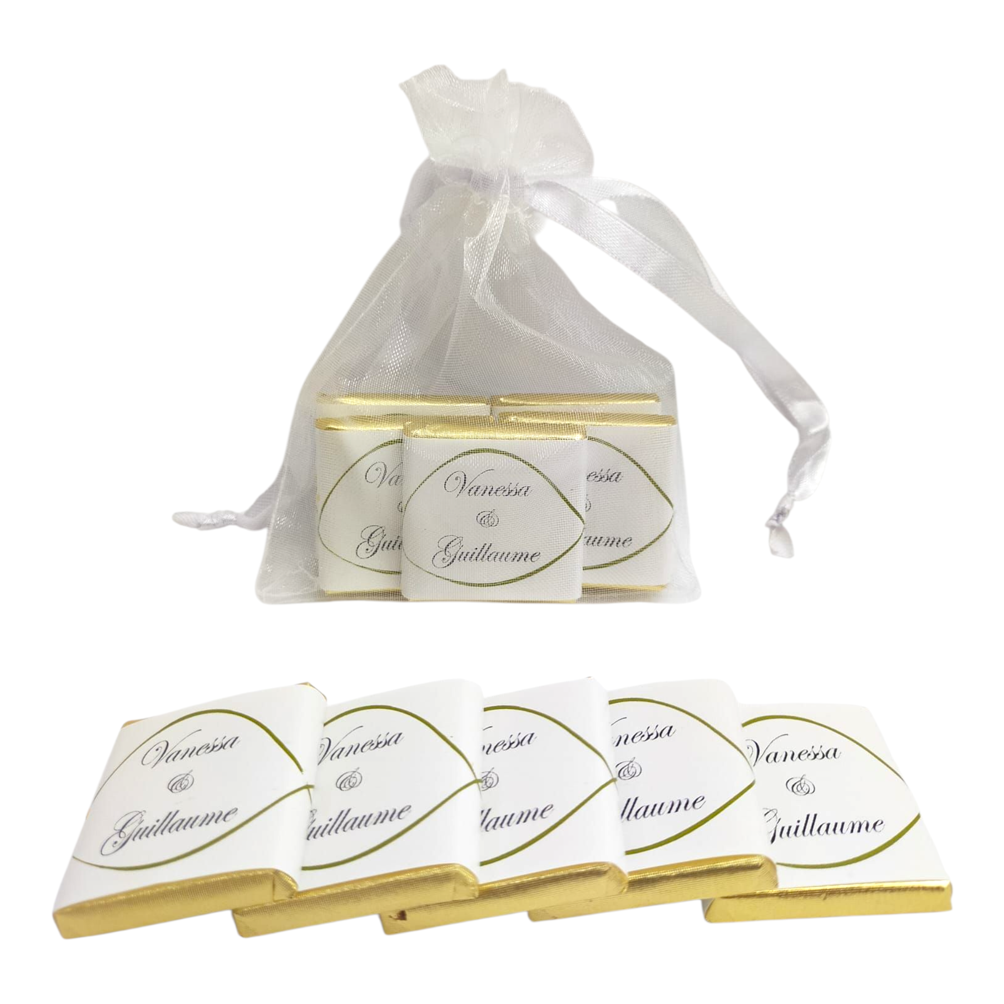 Sachet organza remplis de 5 chocolats personnalisés Thème champetre