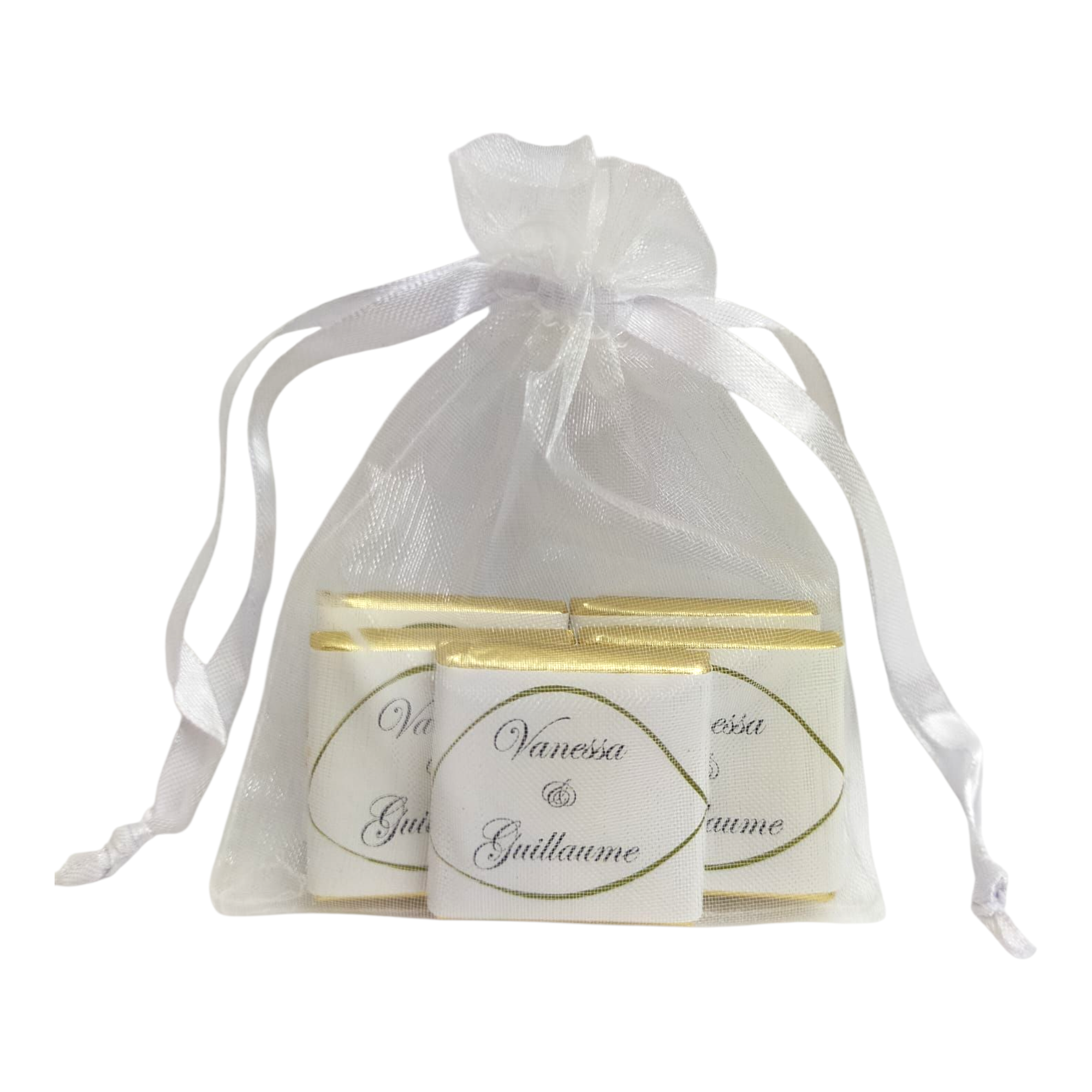 Sachet organza remplis de 5 chocolats personnalisés Thème champetre