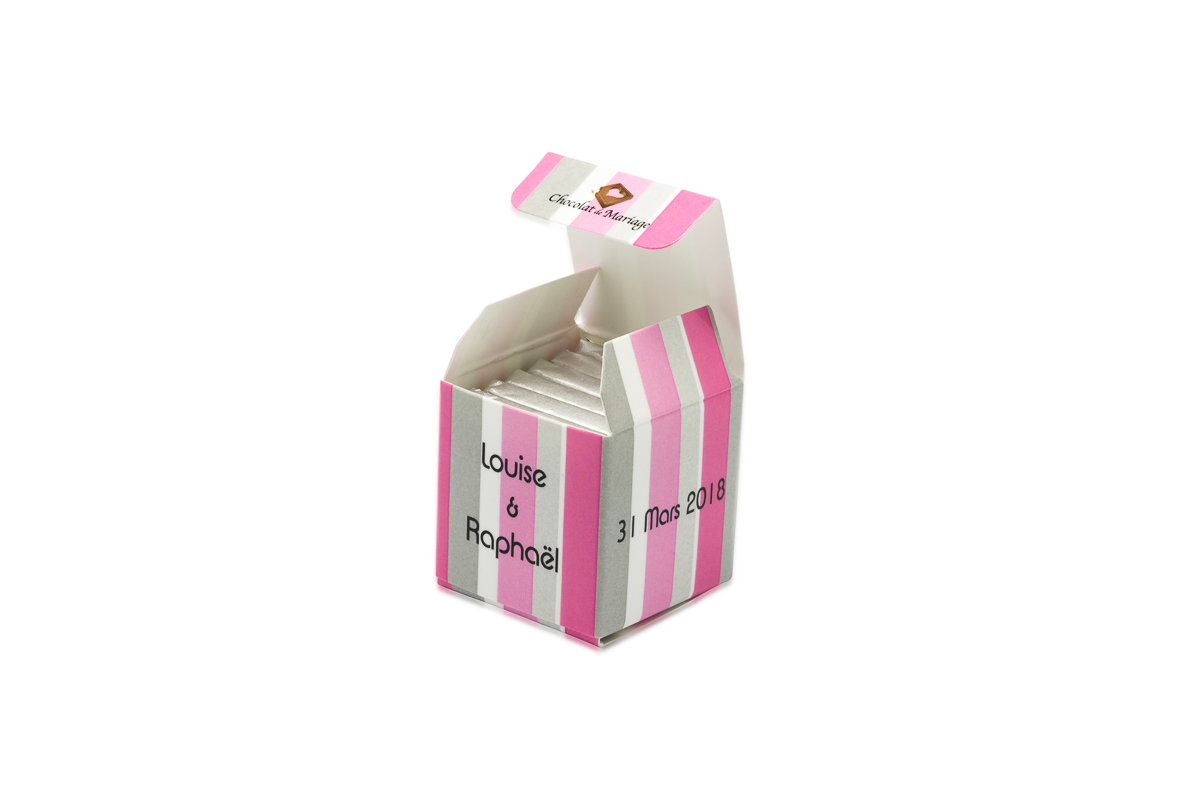 cube simple de 6 chocolats personnalisés bicolore Bayadère