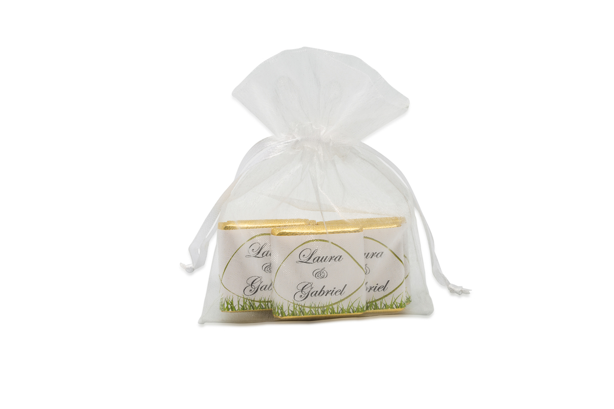 Sachet organza remplis de 5 chocolats personnalisés Thème champetre